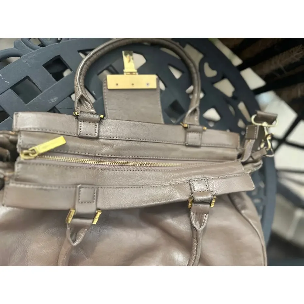 Tory Burch Holland Satchel Taupe Gray Leather Shoulder Bag Crossbody Tote Purse